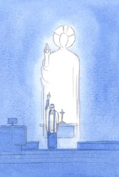 Chrystus przemawia i działa przez swoich kapłanów, którzy błogosławią i przebaczają „in persona Christi capitis”, „w osobie Chrystusa Głowy”, 2002 (w/c na papierze)