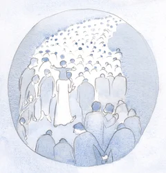 Chrystus kroczył pośród swojego ludu, dziecko na ramionach, z pielgrzymami i chorymi., 2001 (w/c na papierze)