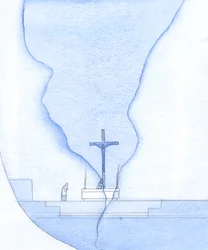 Podczas Mszy św. jakby w sanktuarium pojawiła się szczelina, przez którą widziałam Chrystusa na krzyżu, 2002 (w/c na papierze)