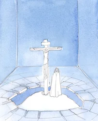 Z naszego sanktuarium, podczas każdej mszy, Jezus Chrystus, nasz Zbawiciel, odmawia modlitwę, którą modlił się za nas podczas swojej męki, gdy umierał na Kalwarii: "Ojcze, przebacz im", 2005 (akwarela na papierze)