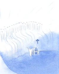 Spomiędzy nas, podczas Mszy Świętej, Chrystus jednoczy się ze Swoim Ojcem w Niebie, a także pozdrawia Swoich Świętych w Niebie., 2001 (w/c na papierze)