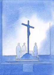 Bóg pokazał mi, że nasi trzej księża, którzy złożyli Najświętszą Ofiarę, stoją wokół krzyża, na którym umarł Chrystus, 2002 (w/c na papierze)