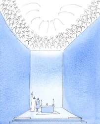 Bóg Ojciec jest otoczony w niebie przez świętych, którzy dzielą Jego radość, 2005 (akwarela na papierze)