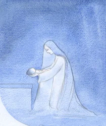 Jak po prostu Maryja klęcząc ułożyła swoje dziecko do snu, nie przejmując się myślami o swojej uprzywilejowanej roli., 2001 (w/c na papierze)