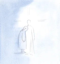 Widziałam duszę tej zmarłej kobiety stojącej obok Chrystusa, radosną i spokojną, po zakończeniu oczyszczenia z czyśćca, 2000 (w/c na papierze)