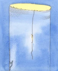 We wstawiennictwie Bóg pozwala jednej osobie zejść na linie, aby uratować inną osobę, która utknęła w głębokim podziemnym szybie, 2004 (w/c na papierze)