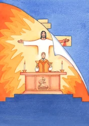 Jezus jest obecny z nami na Mszy św., modląc się w naszym imieniu do Ojca o pomoc w naszych potrzebach io zbawienie wieczne. Możemy połączyć wszystkie nasze modlitwy z Jego wielką modlitwą ofiarną, 2004 (w/c na pa
