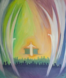 Jezus jest naprawdę obecny z nami we Mszy św. adorowany przez aniołów, 2000 (olej na pokładzie)