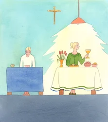 Życie w Chrystusie obejmuje zarówno post, jak i ucztowanie. Powinniśmy kochać to, co dobre, ale być gotowi poświęcić to, gdy jest to konieczne, dla jeszcze większego Dobra, którym jest Bóg, 2005 (akwarela na papierze)