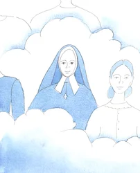 Pan pokazał mi św. Bernadettę, która po swoim krótkim i bolesnym życiu jest teraz szczęśliwa w niebie, wraz z innymi świętymi, 2005 (akwarela na papierze)