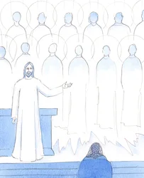 Święci w Niebie są tam, ponieważ wypełnili Wolę Bożą w ziemskim życiu lub zrobili to z opóźnieniem, żałując za grzechy; tak więc Chrystus ceni każdy nasz akt posłuszeństwa Jego życzeniom, 2005 (akwarela na papierze)