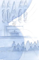 Cały budynek kościoła jest zatłoczony Aniołami; myjemy je w każdej chwili., 2001 (w/c na papierze)