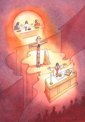 Poprzez Eucharystię, która została ustanowiona podczas Ostatniej Wieczerzy, Ofiara Kalwarii jest reprezentowana w każdym pokoleniu, 2001 (w/c na papierze)