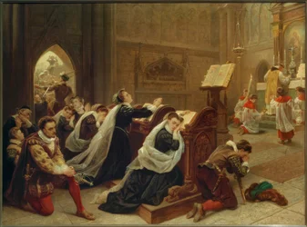 Maria Stuart… wysłuchanie pierwszej mszy / Gem. Emanuel Leutze