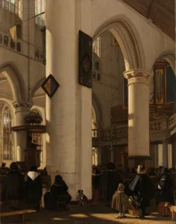 Wnętrze kościoła ewangelickiego, gotyckiego podczas nabożeństwa Wnętrze gotyckiego kościoła protestanckiego z motywami z Oude Kerk w Amsterdamie