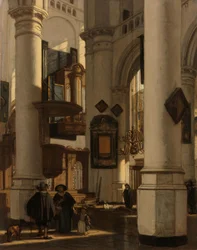 Wnętrze kościoła ewangelickiego, gotyckiego, z grabarzem w chórze Wnętrze protestanckiego gotyckiego kościoła z motywami ze Starego i Nowego Kościoła w Amsterdamie