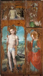 Święty Sebastian, Święta Łucja, Chrystus podnoszący się z symbolami Męki Pańskiej, druga połowa XVI wieku (olej na płycie)