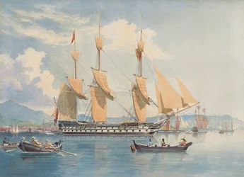 HMS Ganges leżący na kotwicy i suszący żagle w Rio de Janeiro
