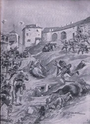 Aschaffenberg 2. Bawarski Batalion Myśliwych w Lagarde sierpień 1914, z Ilustrowanej Historii Wojny Światowej 1914-1915 wyd. przez Union Berlagsefellfchaft