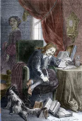 Portret francuskiego pisarza Paula Scarrona (1610-1660), autora komedii burleskowych, jest on przedstawiony na krześle dla niepełnosprawnych, jego żona Francoise d