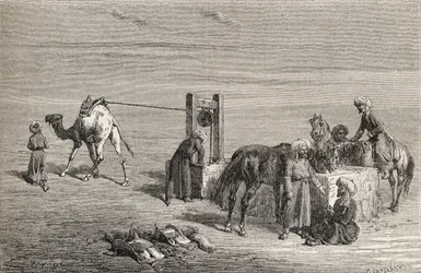Studnia na pustyni między Samarkandą i Karshi w Uzbekistanie, ilustracja ze „Świata w rękach”, rytowana przez Charlesa Laplante (zm. 1903), opublikowana w 1878 r.