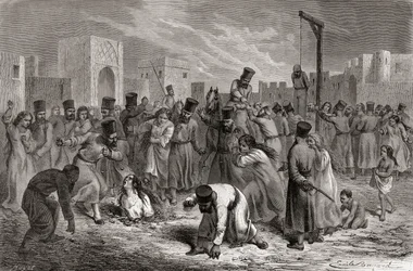 Cudzołożnicy kamienowani i wieszani w Turcji, ilustracja ze „Świata w rękach”, rycina Huyota, opublikowana w 1878 r.