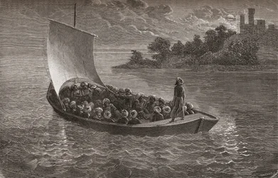 Arminio Vambery i jego towarzysze żeglujący po Morzu Kaspijskim w 1863 r., ilustracja ze „Świata w rękach”, sztychowanej przez Gaucharda, opublikowana w 1878 r.