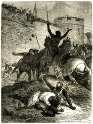 Krucjata przeciwko Albigeois - Oblężenie Tuluzy, 25 czerwca 1218. Brat Szymona de Montfort został właśnie ranny strzałą, a sam Szymon de Montfort ma zostać zabity kulą rzutów katapultą, podobno przez jedną z kobiet z Tuluzy, który jest