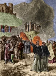 Krucjata przeciwko Albigeois - Ostatni obrońcy Montsegur (Cathare) spalili się na rzeźniku w 1244 - Grawerowanie Emile