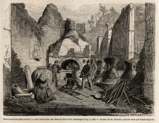 Odkryty przez piec piekarniczy i zakonserwowany chleb w popiele podczas wykopalisk w 1864 r. w Pompejach, rysunek Emile Bayard (1837-1891), ilustrujący tekst Marca Monniera (1829-1885) „Pompeje i Pompejanie”. Grawerowanie w „”Le tour du monde””, pod redakc