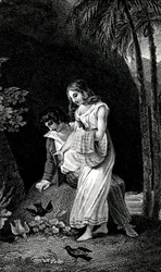 Rycina ilustrująca wydanie z końca XIX wieku powieści Jacquesa-Henri Bernardina de Saint-Pierre (Jacques Henri Bernardin de Saint-Pierre): Paul et Virginie. Ptaki lądują bez strachu w pobliżu młodej pary zakochanych w lesie. Rysunek b