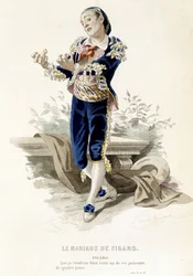 Figaro w „”Weselu Figara”” – w „”Dziełach wszystkich Beaumarchais””, rysunkach Emile Bayard, ed. Laplace Sanchez & cie, Paryż