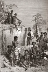 Hawajski król Kamehameha I i jego wojownicy, ilustracja z „Świata w rękach”, opublikowana w 1878 r. (rycina)