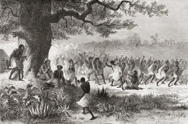 Henry Morton Stanley obserwujący plemię Vouagogos przygotowujące się do bitwy podczas swojej wyprawy w 1871 r., ilustracja ze „Świata w rękach”, opublikowana w 1878 r.