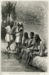 Czarni mężczyźni i kobiety z Sahary nad brzegami Oued Rir. Rycina E. Bayarda ilustrująca Saharę algierską V. Largeau, 1874-1878, opublikowana w Le Tour du monde pod kierunkiem Édouarda Chartona (1807-1890)