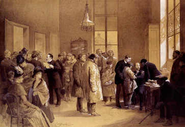 Szczepienie przeciwko wściekliźnie: Louis Pasteur (1822-1895) zwrócił się do wielbicieli, podczas gdy doktor Gaucher szczepił rosyjskie dziecko, Josepha Meistera, przeciwko wściekliźnie 6/07/1885 w laboratorium przy Rue d