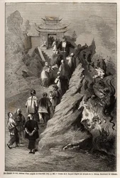 Droga Nieba, rysunek E.Bayarda, na podstawie obrazu z pagody do Tien Tsin, ilustrującego podróż z Szanghaju do Moskwy w latach 1859-1862, autorstwa M.de Bourboulon, ministra Francji w Chinach. Grawerowanie w „” Le tour du monde””, pod redakcją Edou