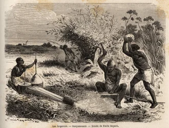 Kowale, w ounyamouezi (region Wielkich Jezior, Afryka), rysunek Emile Bayard (1837-1891), ilustrujący podróż odkrywczą w Afryce, od 1860 do 1863 kapitana Speke. Grawerowanie w „”Le tour du monde””, pod redakcją Edouarda Chartona