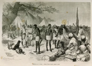 Bezczelni przewoźnicy ekspedycji wciągnięci do łańcucha, rys. Emile Bayard, aby zilustrować tę historię: Przez Afrykę, od Zanzibaru (Tanzania) do Bengueli (Angola), od 1872 do 1876, przez porucznika V.H.Camerona. Grawerowanie w Le tour du monde