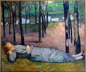 Madeleine (1871 - 1895) w lesie miłości. Portret strasznej kobiety leżącej w lesie. Obraz Emile Bernarda (1868-1941)