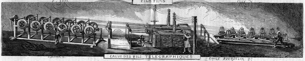 Galwanizacja drutów żelaznych i telegraficznych w fabryce Grenelle przez firmę kuźniczą Franche Comte. Grawerowanie Emila Bourdelina w „”The Illustrious World””n°93 z 22 stycznia