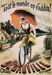 Vintage plakat kobiety jadącej na rowerze trzymającej czerwony parasol