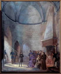 Wojna stuletnia: „” Joanna d’Arc (1412-1431) jest przesłuchiwana przez sędziów”” Obraz Emile