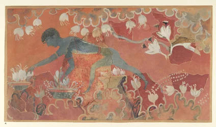 Pintura do afresco do Macaco Azul Saffron Gatherer do Palácio de Minos em Knossos (Evans Fresco Drawing L/3 a)), por volta de 1921 (papel, pigmento)polonês