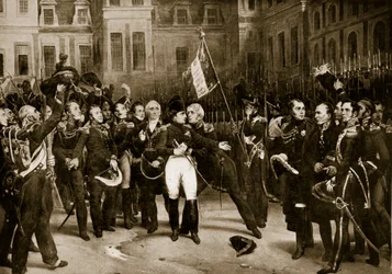 Pożegnanie Napoleona z jego generałami w Fontainebleau, 1814, ilustracja z „Historii narodu brytyjskiego Hutchinsona“, ok. 1923