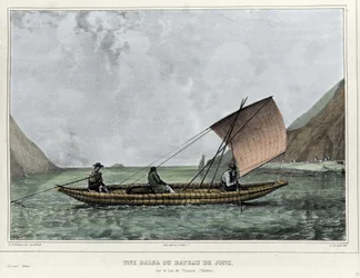 Balsa lub szalupa na jeziorze Titicaca (Boliwia). Litografia Emile Lassalle (1813-1871) - w „Podróży w Ameryce Południowej” Alcide D