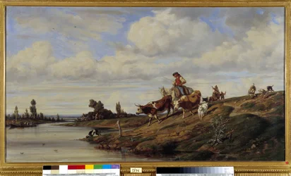 Przejście krowy Gue Krowa przechodząca przez rzekę ze swoim stadem. Obraz Emile Loubon (1809-1863) Obowiązkowa wzmianka: Collection fondation faith de Provence, Marseille