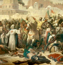 Szczegóły: Pierwsza krucjata: „” Zdobycie Jerozolimy przez skrzyżowania w dniu 15.07.1099”” Godefroy de Bouillon udzielający łaski Bogu w obecności Piotra Pustelnika (lub Pustelnika