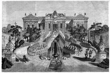 Pawilon Haiyan Tang ma zachodnią architekturę w pałacu Ete w Pekinie (Pekin). Grawer według rysunku Theronda, w „”Le Tour du Monde, Nouveau journal des Voyages””, pod redakcją Edouarda Chartona, Paryż