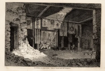 Widok wnętrza tybetańskiej świątyni, rysunek Theronda, ilustrujący podsumowanie roku geograficznego 1862, autorstwa Vivien de Saint Martin. Grawerowanie w „”Le tour du monde””, pod redakcją Edouarda Chartona